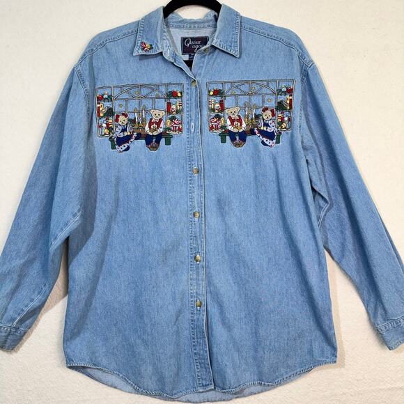 Quizz Again Embroidered Christmas Teddy Bears Long Sleeve Denim VTG Shirt Medium - Picture 3 of 7